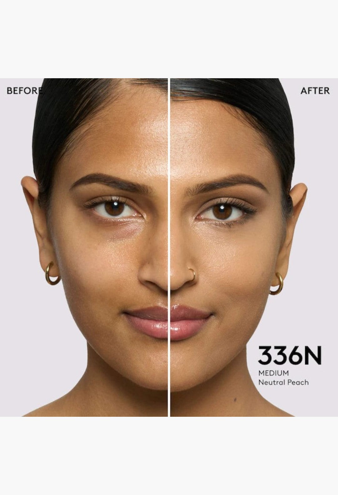 GLAM MODA Pro Filt'r foundation before and after application on a model showing medium coverage and natural finish