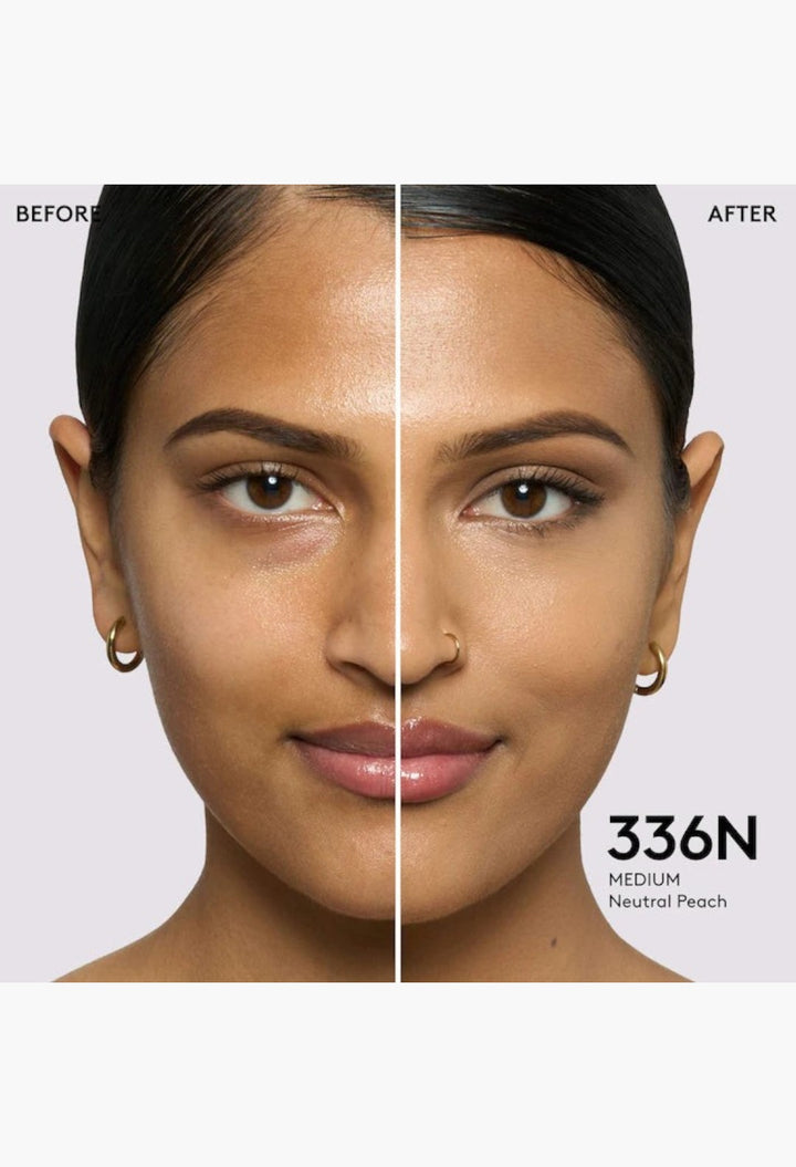 GLAM MODA Pro Filt'r foundation before and after application on a model showing medium coverage and natural finish