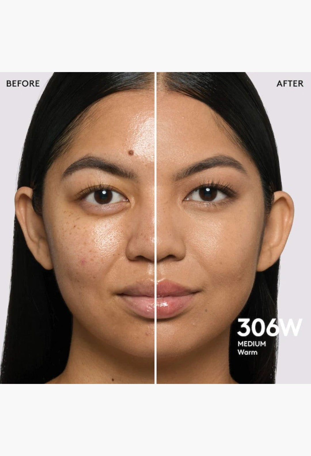 GLAM MODA Pro Filt'r foundation before and after application showing medium coverage and natural matte finish on skin