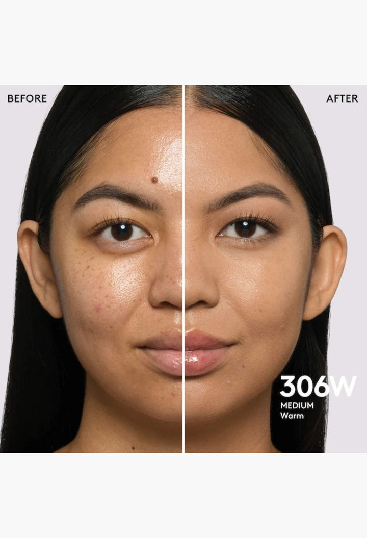 GLAM MODA Pro Filt'r foundation before and after application showing medium coverage and natural matte finish on skin