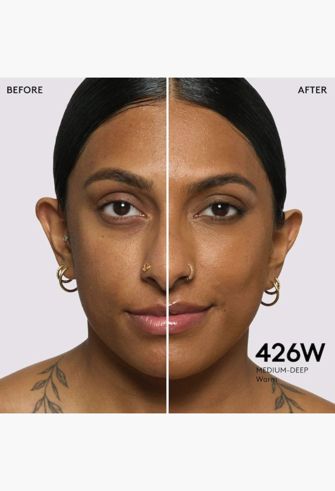 GLAM MODA Pro Filt'r foundation before and after application on medium-deep warm skin showing natural matte finish