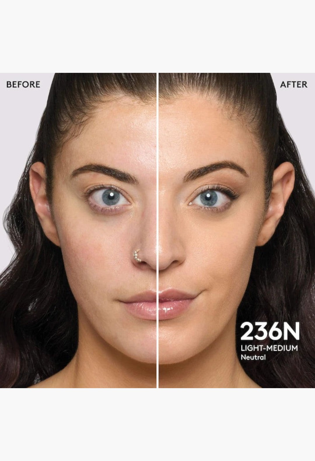 GLAM MODA Pro Filt'r foundation before and after application showing natural matte finish on light-medium skin