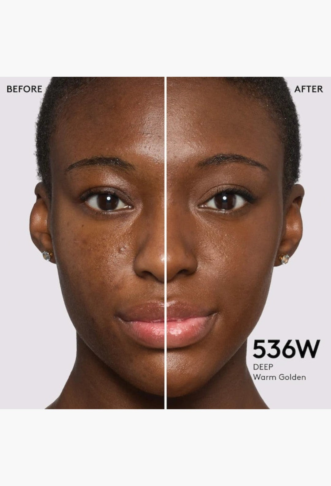 GLAM MODA Pro Filt'r foundation before and after application on deep warm golden skin showing natural matte coverage