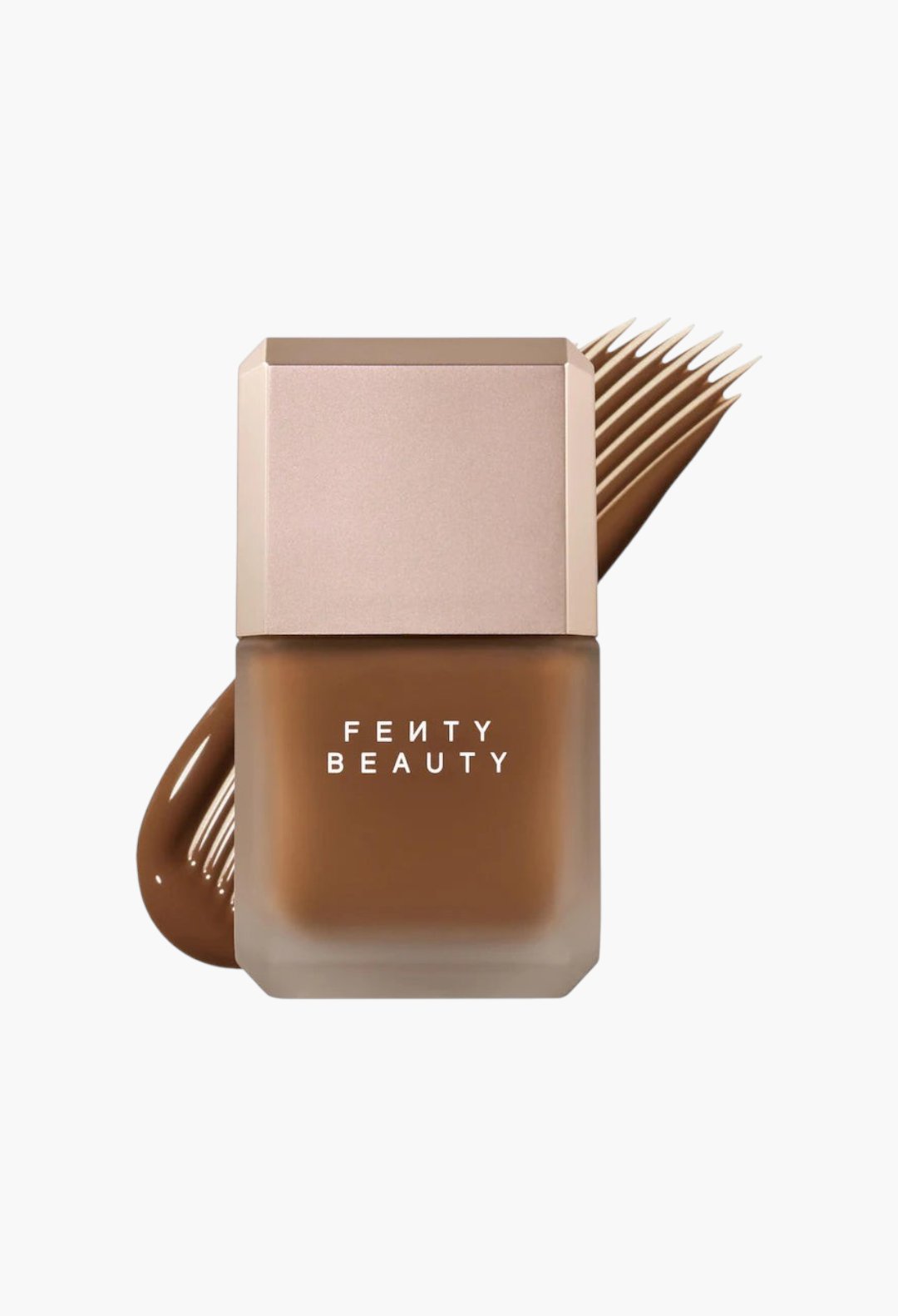 GLAM MODA Fenty Beauty Pro Filt'r longwear liquid foundation in a deep shade with a swatch of product behind it