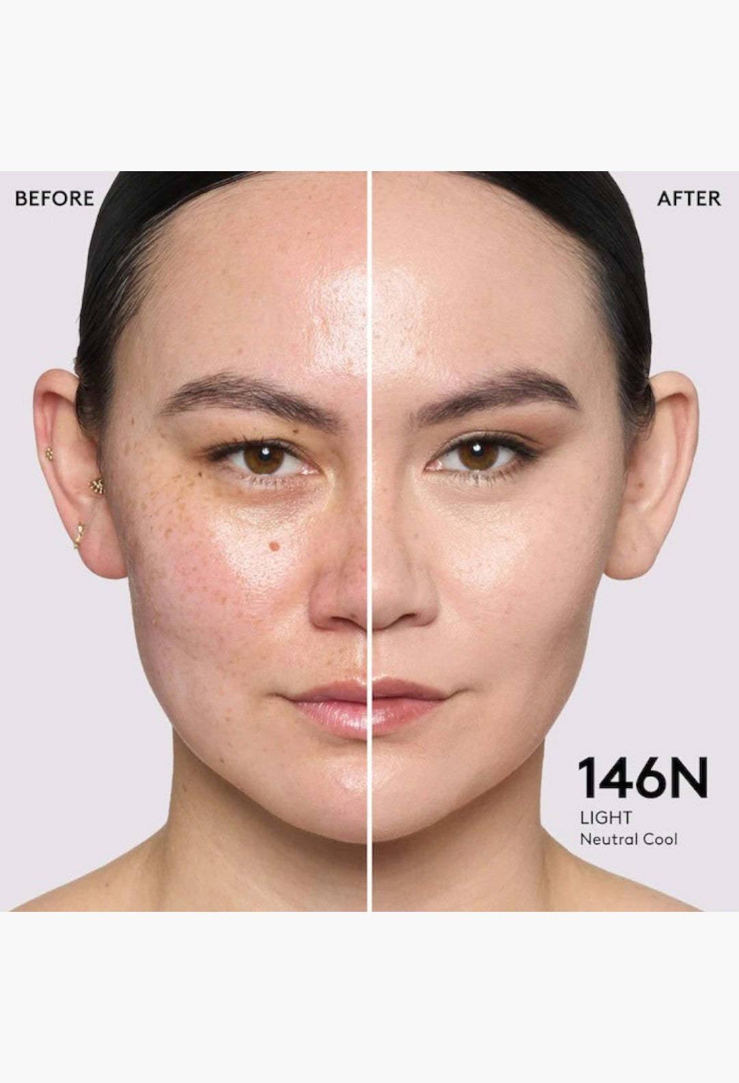GLAM MODA Pro Filt'r foundation before and after application on model showing medium coverage and natural matte finish