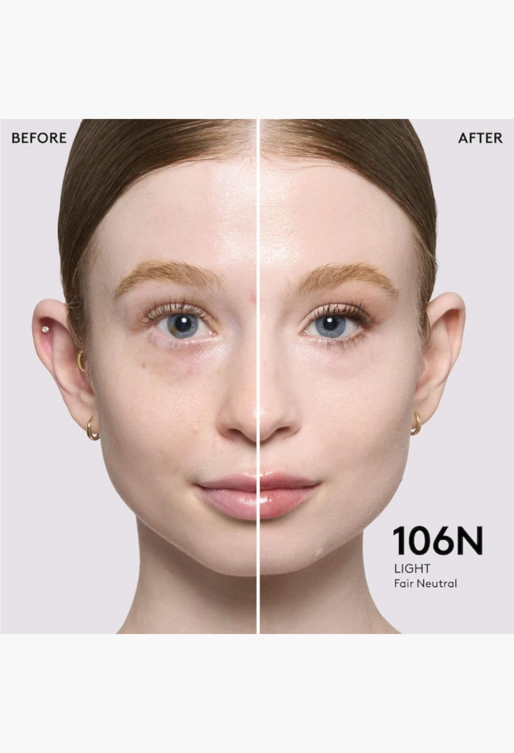 GLAM MODA Pro Filt'r foundation before and after application on light fair neutral skin showing natural matte finish
