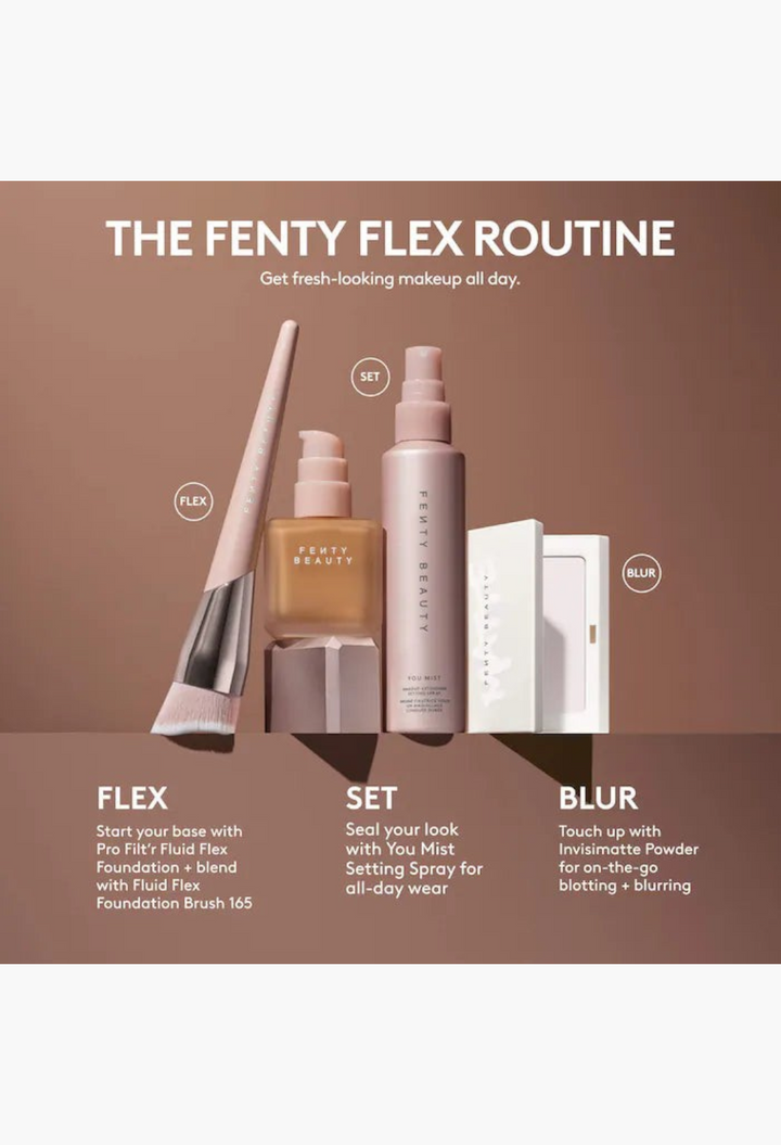 GLAM MODA Fenty Beauty makeup routine featuring foundation, setting spray, powder, and brush on a brown background.
