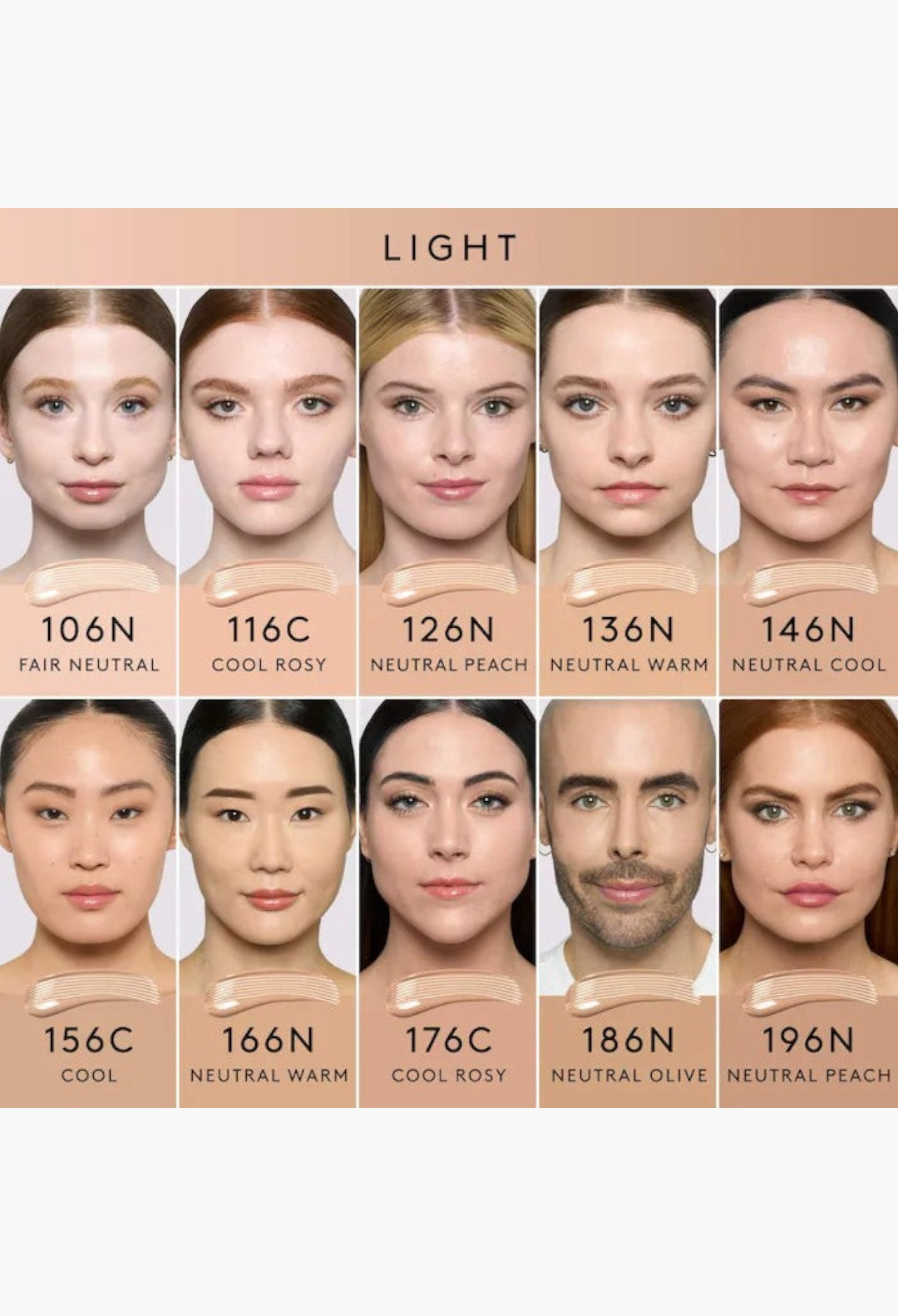 GLAM MODA Pro Filt'r foundation shade range for light skin tones showing various models and liquid swatches