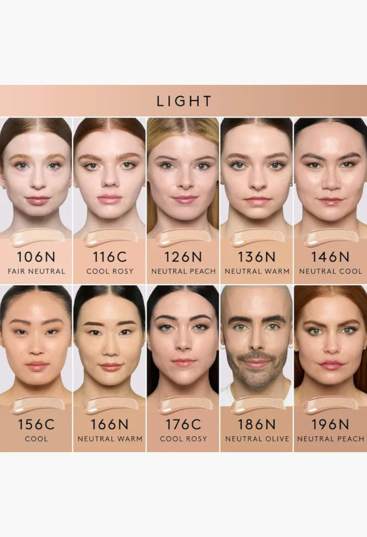 GLAM MODA Pro Filt'r foundation shade range for light skin tones showing various models and liquid swatches