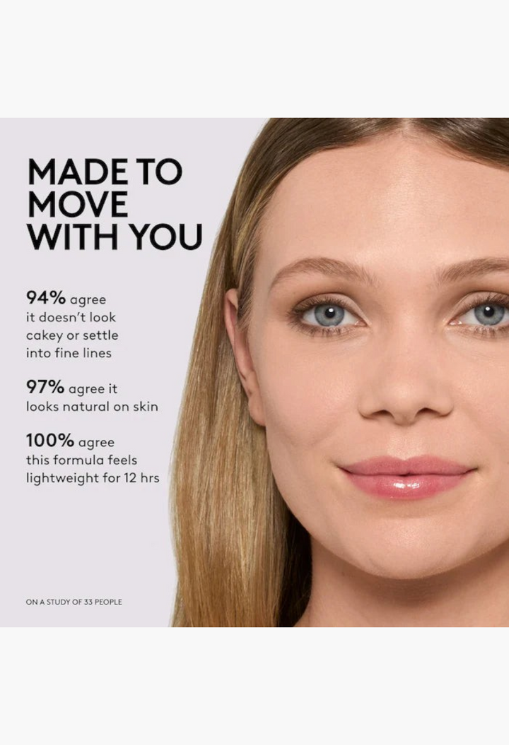 GLAM MODA Pro Filt'r foundation on a model showing natural matte skin finish and longwear clinical results text
