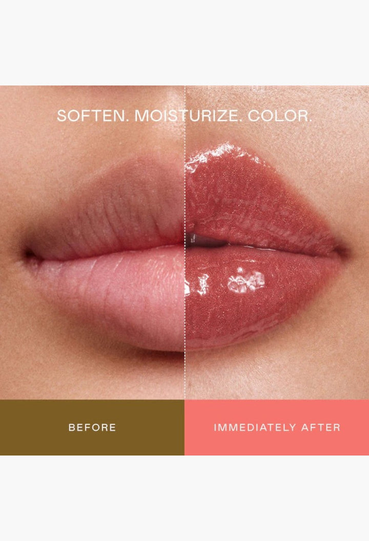 GLAM MODA Le Chouchou peptide lip balm before and after application showing smooth, glossy, hydrated lips.