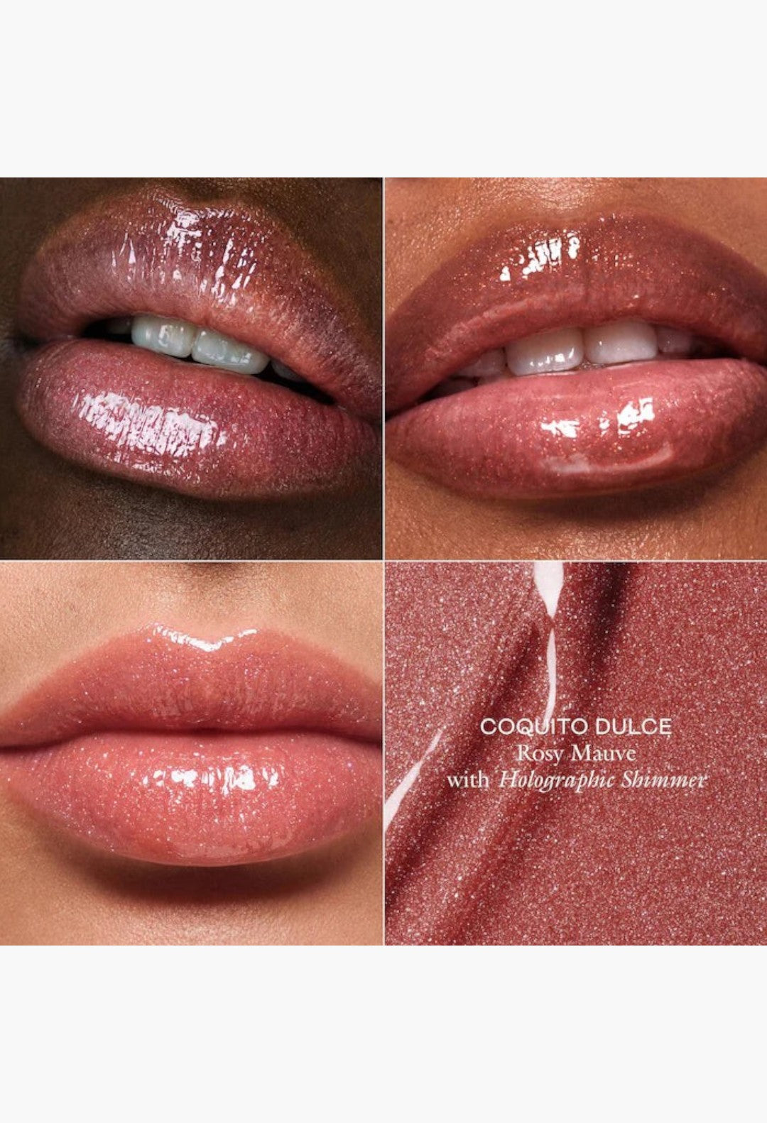 GLAM MODA Le Chouchou peptide lip balm in Coquito Dulce, a rosy mauve shade with holographic shimmer on diverse lips.