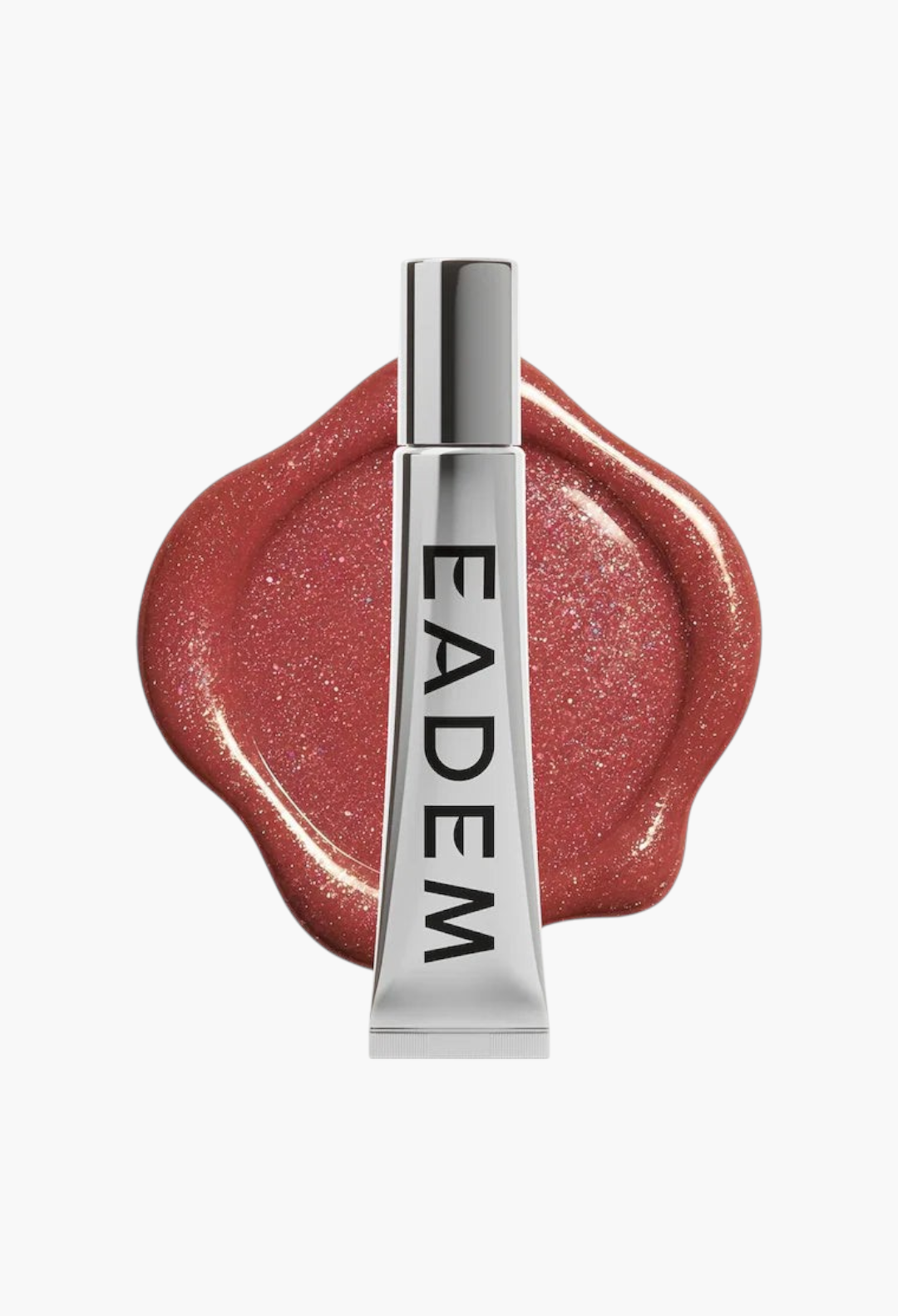 GLAM MODA Le Chouchou peptide lip balm in a silver tube over a glossy, shimmering rose-tinted product swatch.