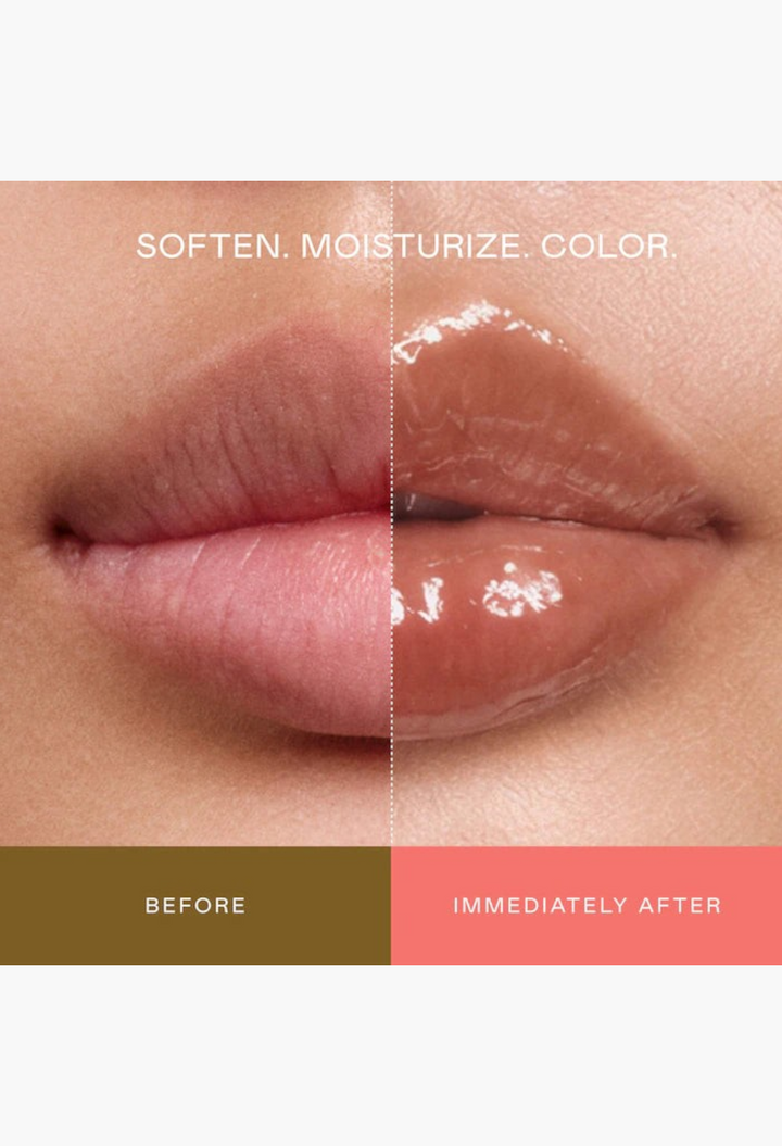 GLAM MODA Le Chouchou lip balm before and after application showing smooth, glossy, and hydrated lips.