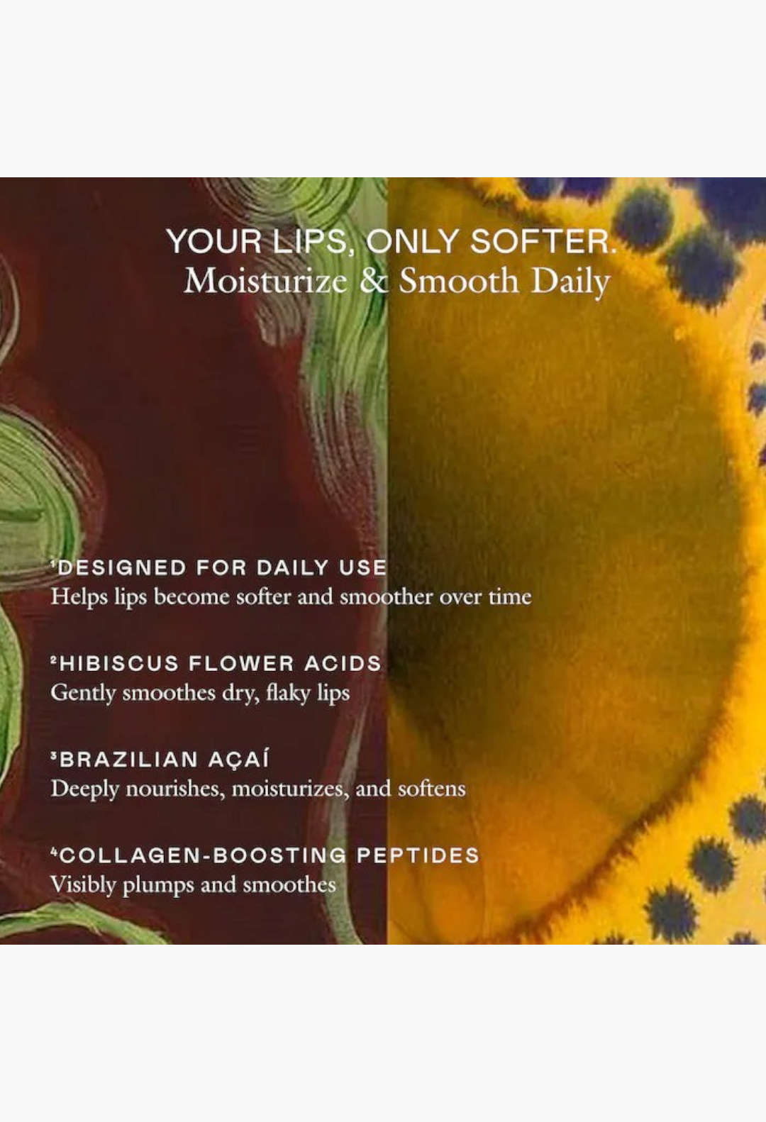 GLAM MODA Le Chouchou peptide lip balm benefits infographic featuring hibiscus, acai, and collagen-boosting peptides.