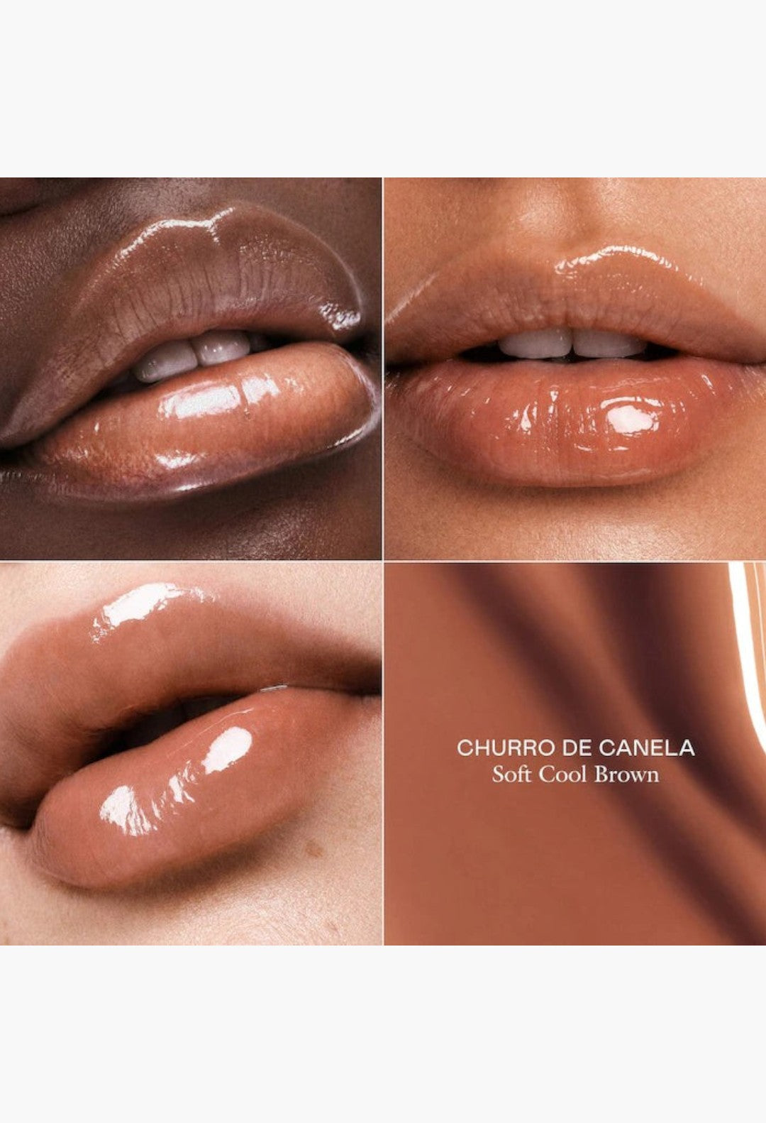 GLAM MODA Le Chouchou peptide lip balm in Churro De Canela, a soft cool brown shade with a high-shine glossy finish.