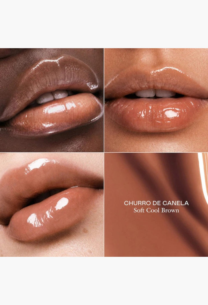 GLAM MODA Le Chouchou peptide lip balm in Churro De Canela, a soft cool brown shade with a high-shine glossy finish.