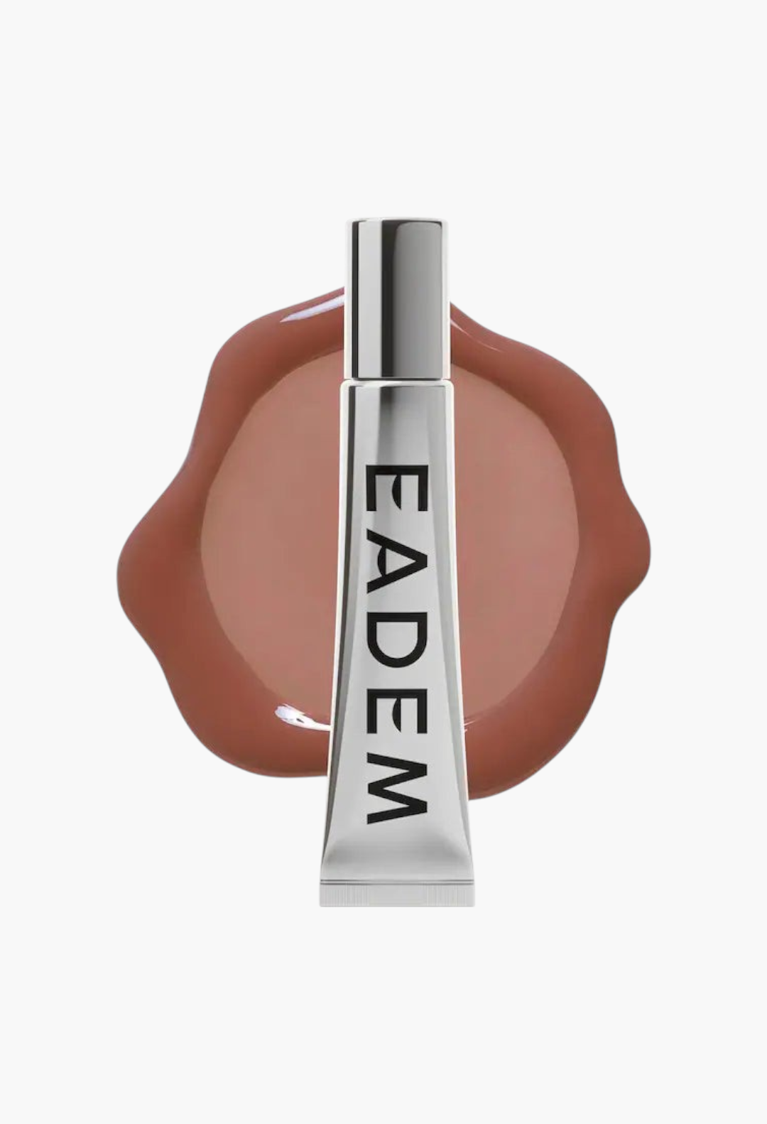 GLAM MODA Le Chouchou peptide lip balm in a silver tube with a brown glossy swatch behind it.