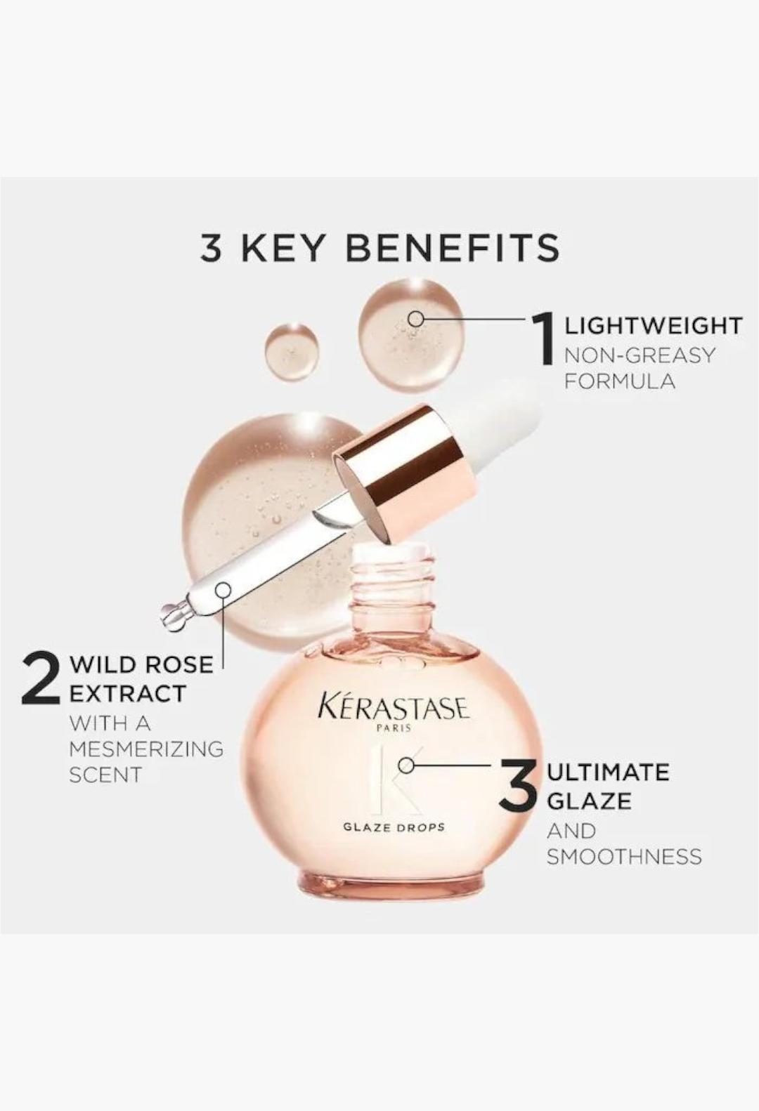 GLAM MODA Kérastase Gloss Absolu Glaze Drops bottle with dropper showing key benefits like wild rose extract