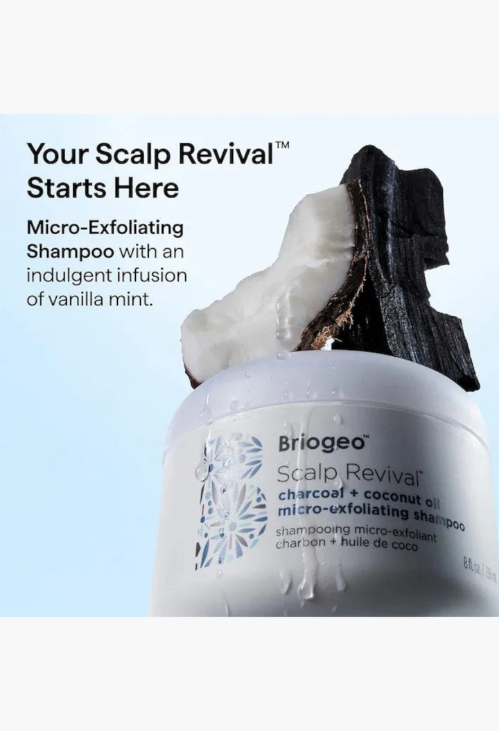 GLAM MODA Briogeo Scalp Revival charcoal and coconut oil micro-exfoliating shampoo bottle with charcoal and coconut