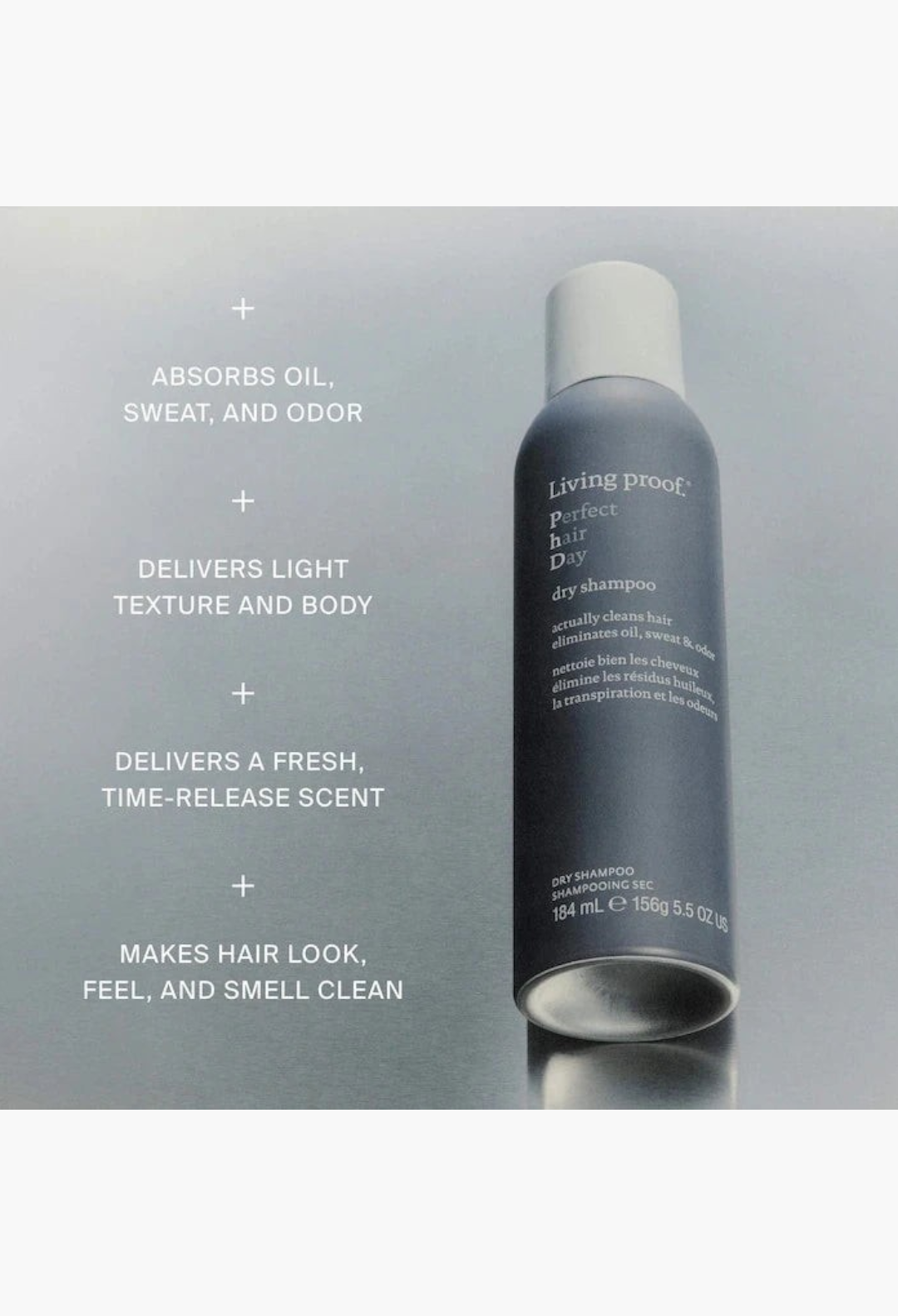 GLAM MODA Living Proof Perfect Hair Day dry shampoo bottle with text highlights on oil absorption and hair texture