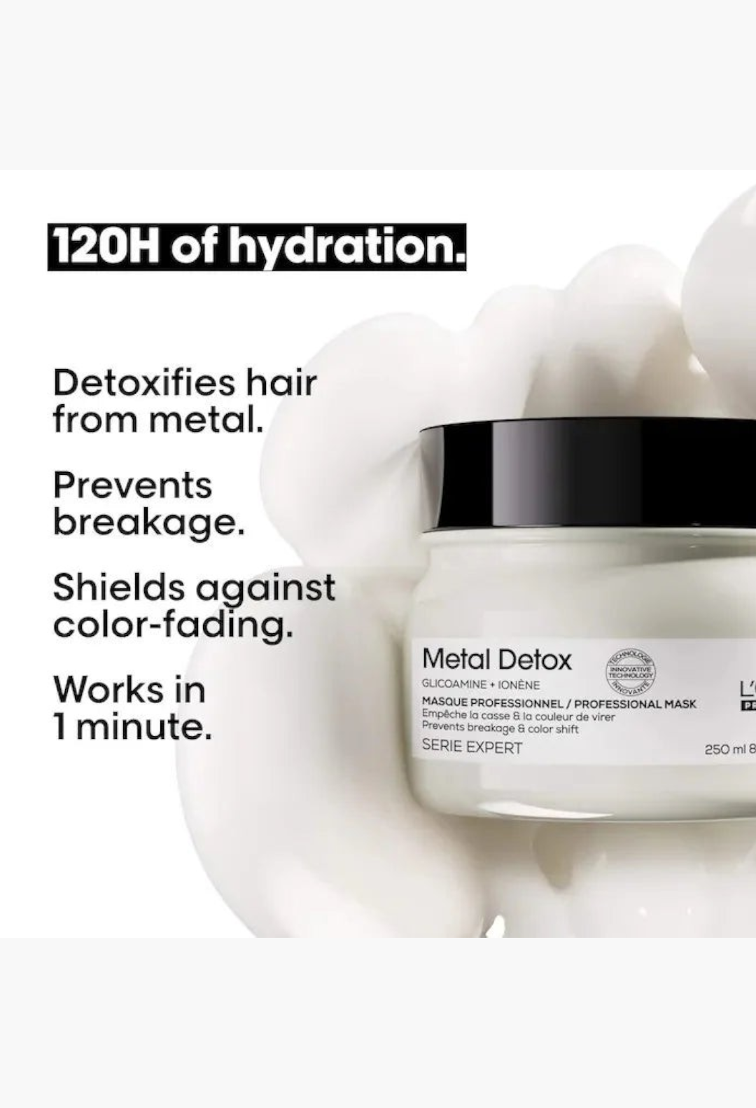 GLAM MODA L'Oréal Professionnel Metal Detox hair mask jar with white cream texture and hydrating benefits text