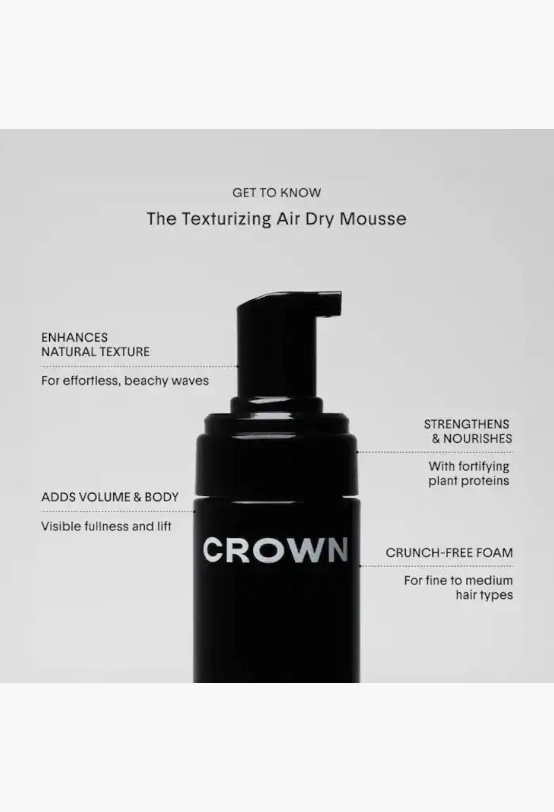 GLAM MODA Crown Affair texturizing air dry mousse bottle with pump dispenser and informative product feature labels