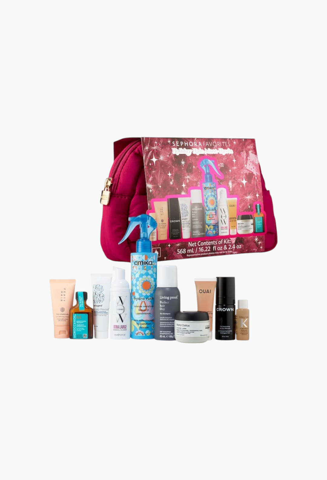 GLAM MODA Holiday Hair Must-Haves 10-piece gift set featuring various hair care products and a pink travel bag.