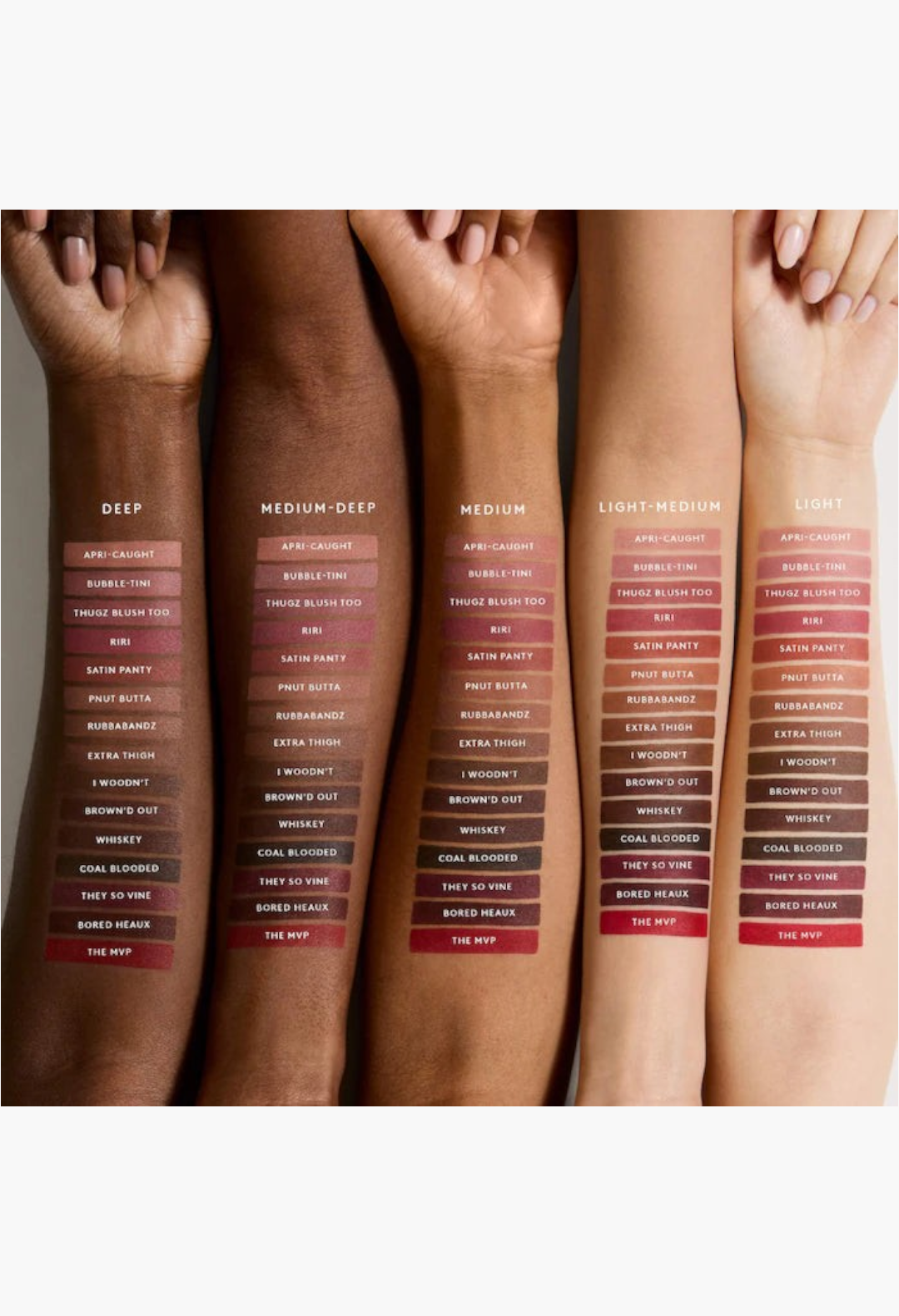 GLAM MODA lip product swatches on five different skin tones ranging from light to deep, showing various berry shades.