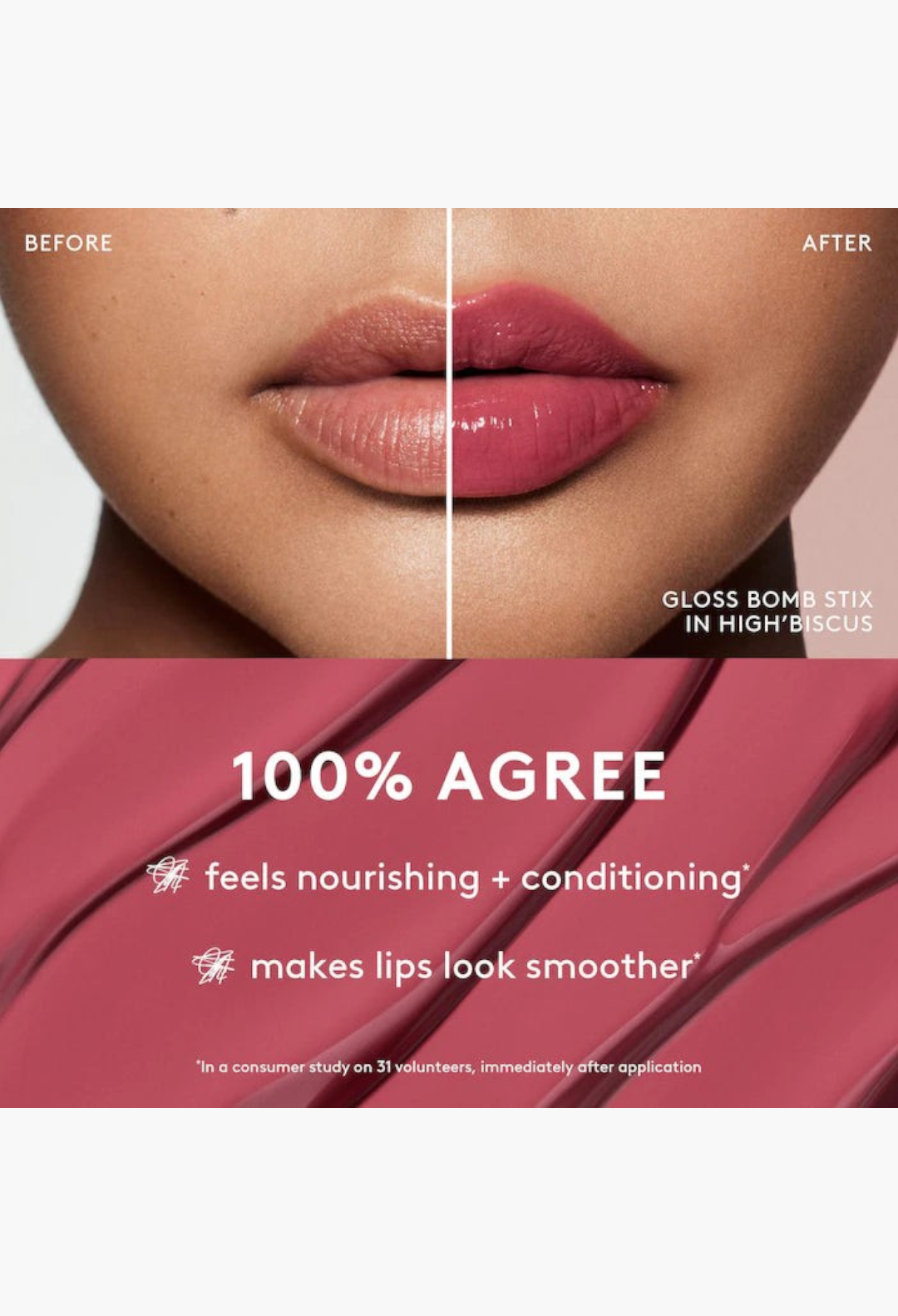 GLAM MODA Berry Brown'd lip liner and gloss stick set showing before and after application results on lips