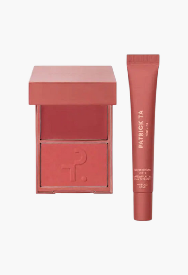 GLAM MODA Major Headlines blush duo and smoothing lip balm set in a warm mocha shade for a holiday makeup look.