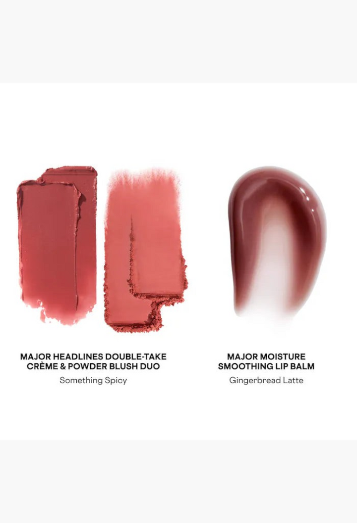 GLAM MODA blush duo cream and powder swatches next to a smoothing lip balm swatch in soft rosy pink shades