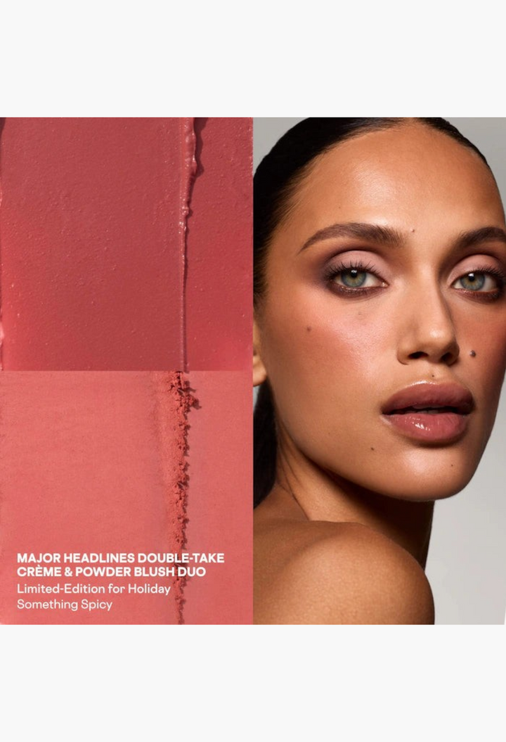 GLAM MODA Major Headlines blush duo and lip balm set in Something Spicy, shown as a warm mocha swatch and on a model.