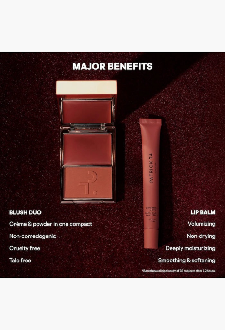 GLAM MODA holiday makeup set featuring a warm mocha cream and powder blush duo and a smoothing lip balm.