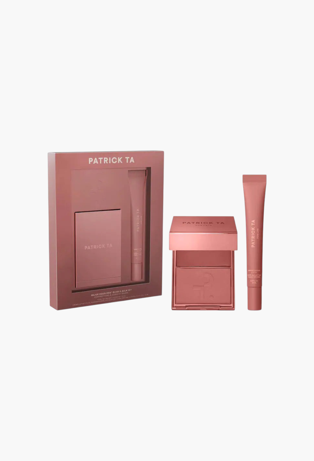GLAM MODA Patrick Ta makeup gift set featuring a cream and powder blush duo and a smoothing lip balm in warm mocha.