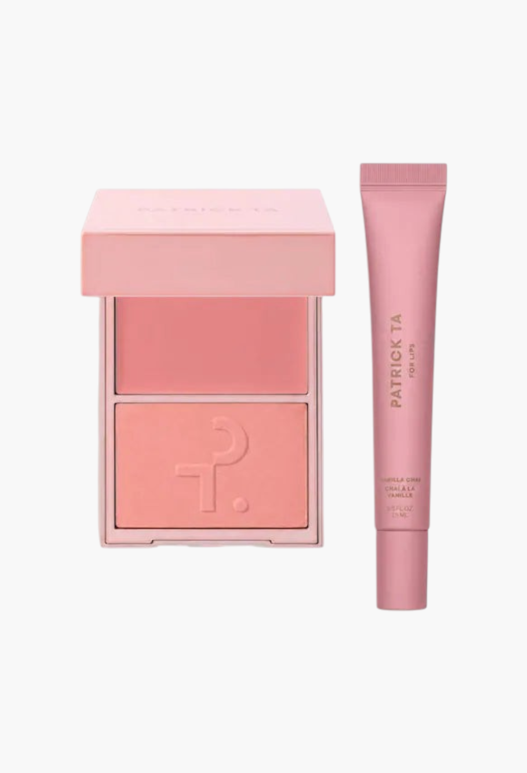 GLAM MODA limited edition blush and lip balm set in soft rosy pink Vanilla Chai shade with cream and powder duo