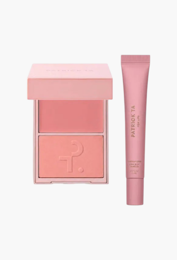 GLAM MODA limited edition blush and lip balm set in soft rosy pink Vanilla Chai shade with cream and powder duo