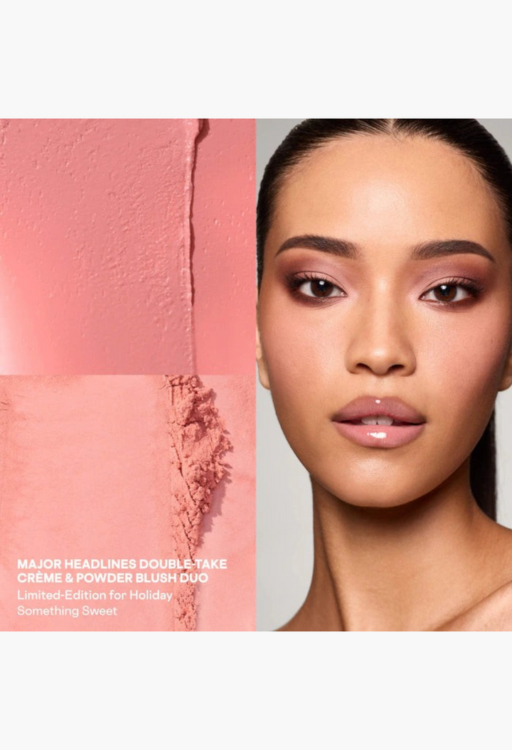 GLAM MODA Major Headlines blush duo and lip balm set in Something Sweet, featuring a model with rosy pink makeup.