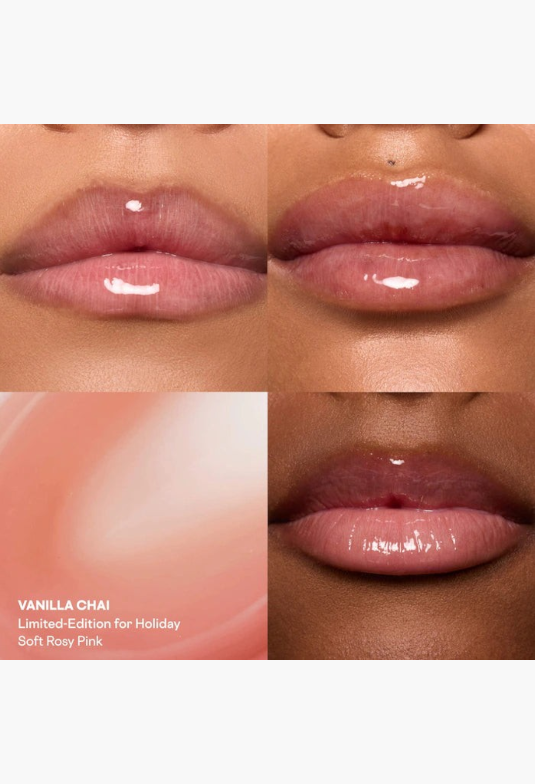 GLAM MODA Major Moisture Smoothing Lip Balm in Vanilla Chai, a soft rosy pink, shown on lips with a glossy finish.