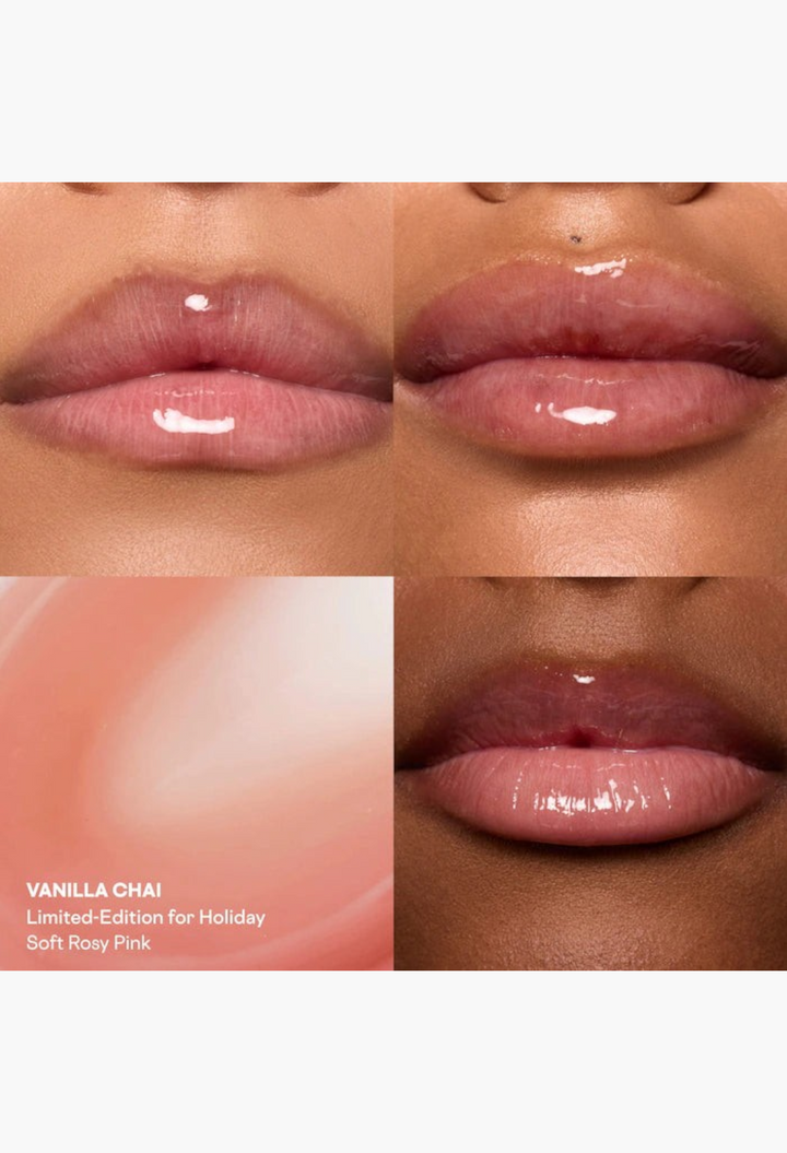 GLAM MODA Major Moisture Smoothing Lip Balm in Vanilla Chai, a soft rosy pink, shown on lips with a glossy finish.