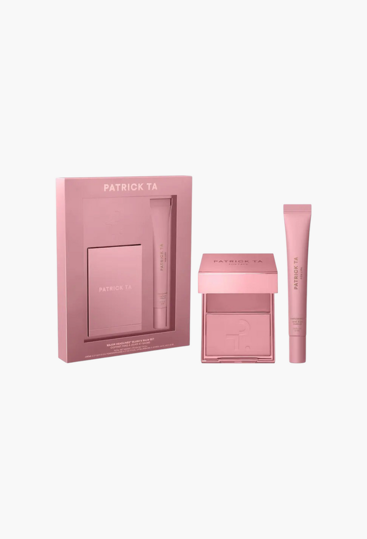 GLAM MODA Patrick Ta blush duo and lip balm gift set in soft rosy pink packaging with cream and powder compact.