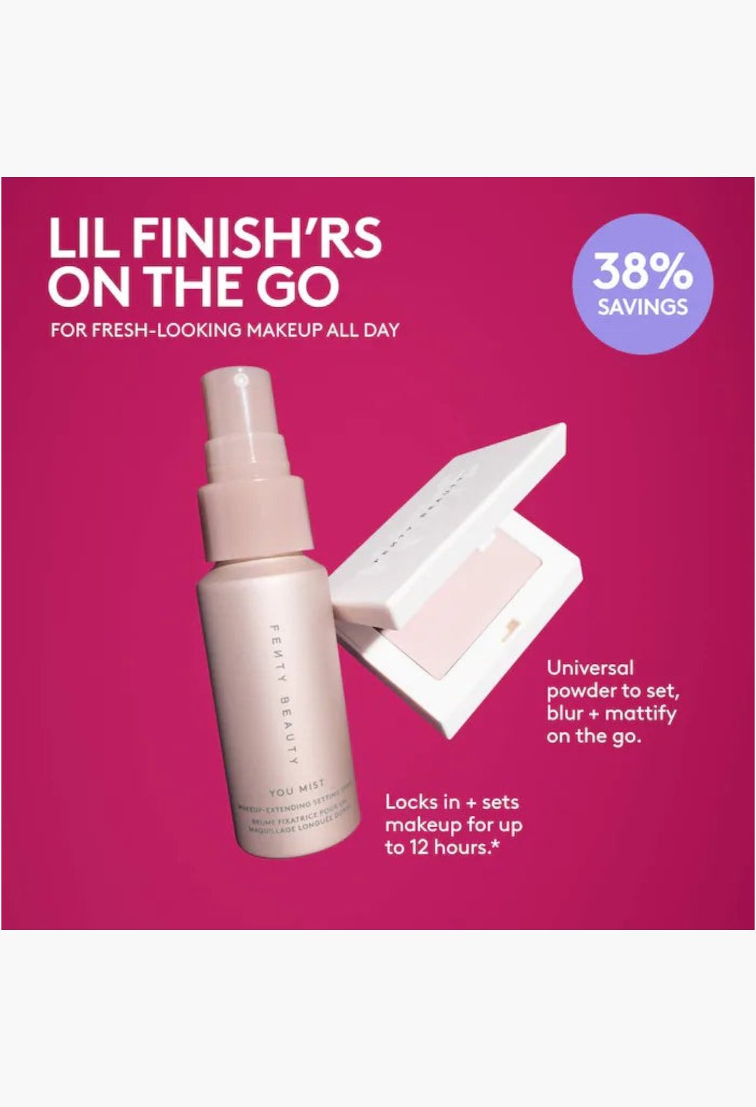 GLAM MODA Lil Finish'rs mini makeup set with You Mist setting spray and Invisimatte blotting powder on pink background