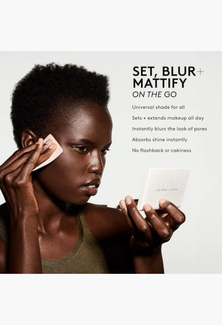 GLAM MODA model applying Invisimatte setting powder with a sponge to blur pores and mattify skin for a flawless look