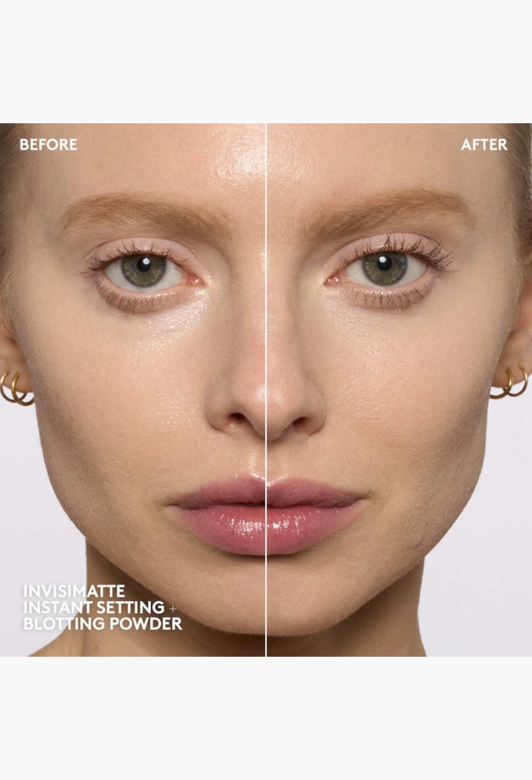 GLAM MODA before and after comparison showing skin blurred and shine reduced by Invisimatte setting and blotting powder