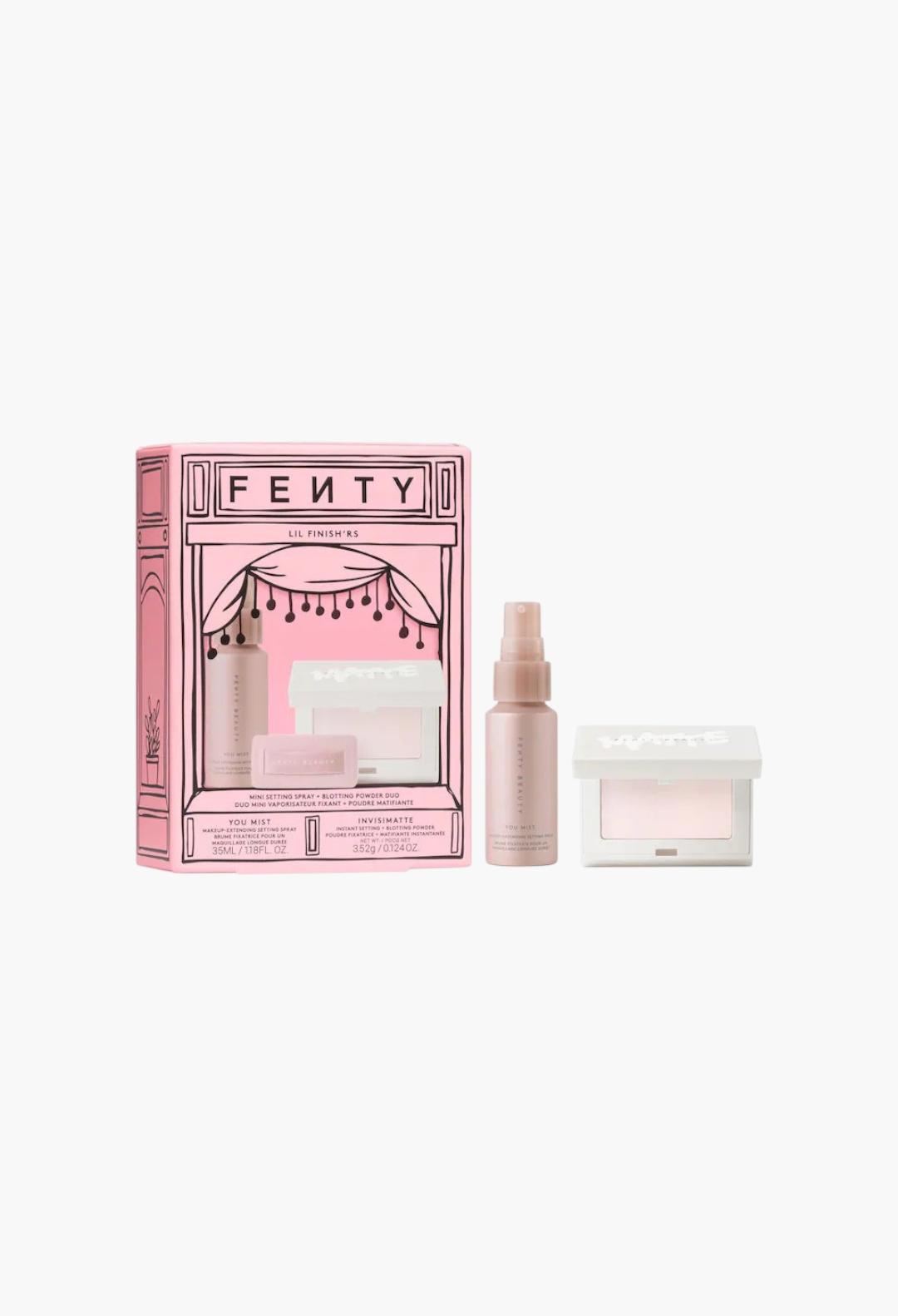 GLAM MODA Fenty Beauty Lil Finish'rs mini makeup set with setting spray and blotting powder in pink packaging