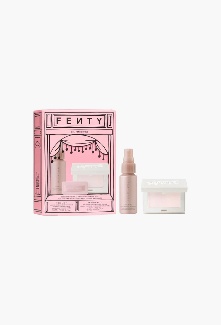 GLAM MODA Fenty Beauty Lil Finish'rs mini makeup set with setting spray and blotting powder in pink packaging