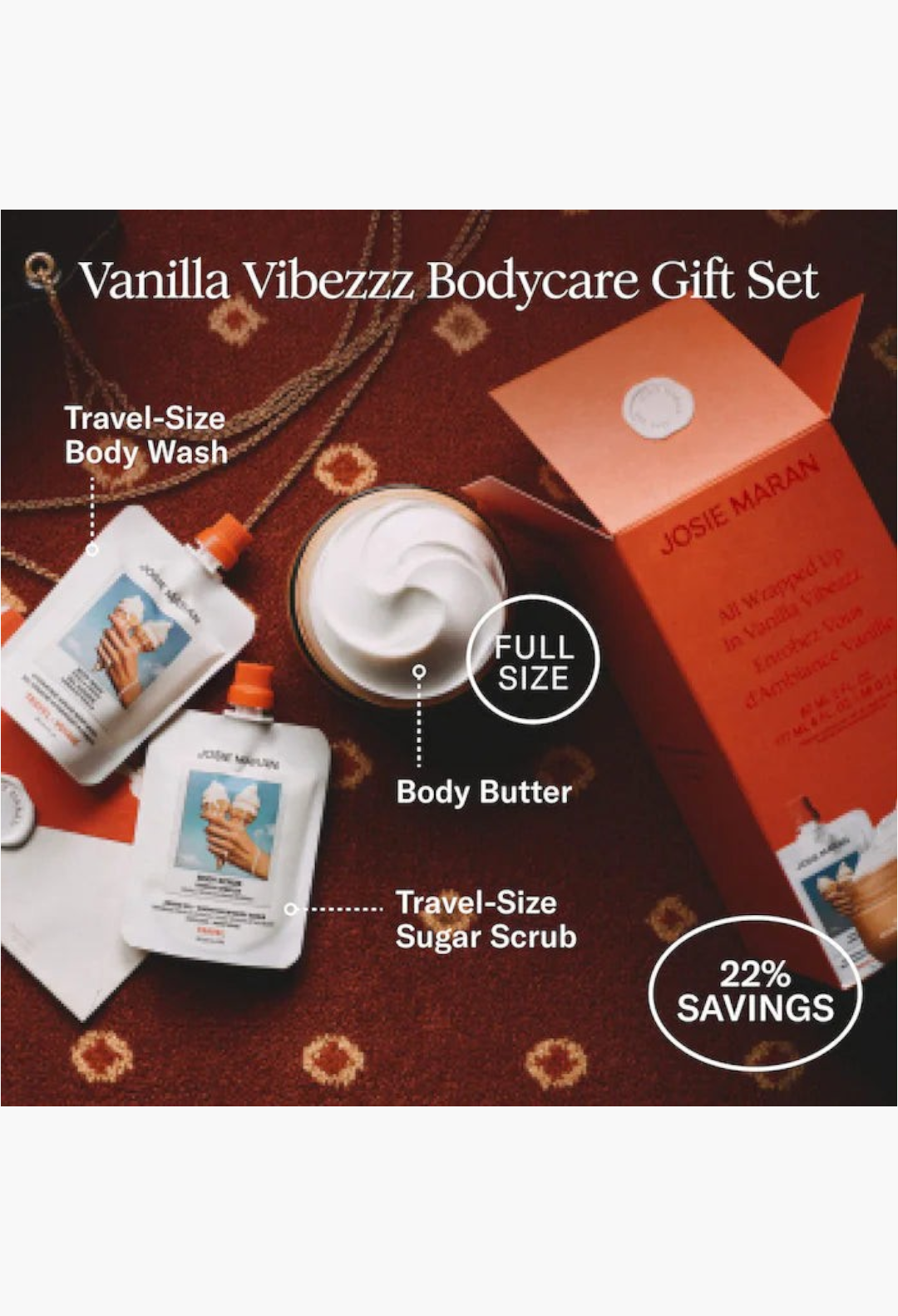 GLAM MODA Vanilla Vibezzz 3-step hydration body gift set featuring body wash, sugar scrub, and whipped body butter.