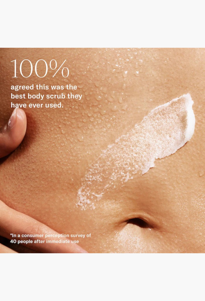 GLAM MODA Vanilla Vibezzz body scrub applied to damp skin for exfoliation and hydration with a 100% satisfaction claim
