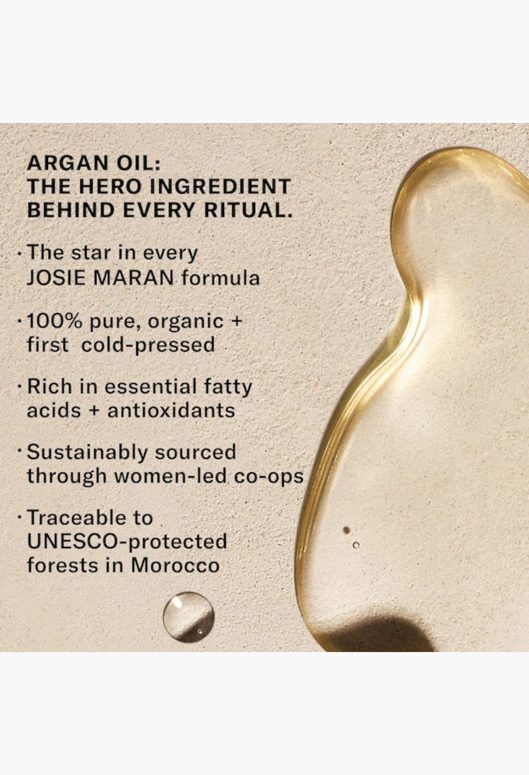 GLAM MODA educational graphic highlighting organic argan oil benefits for skin hydration and elasticity