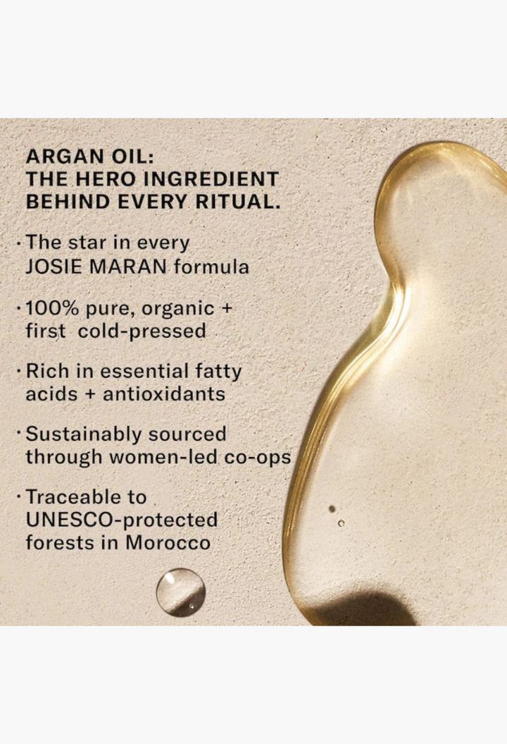 GLAM MODA educational graphic highlighting organic argan oil benefits for skin hydration and elasticity